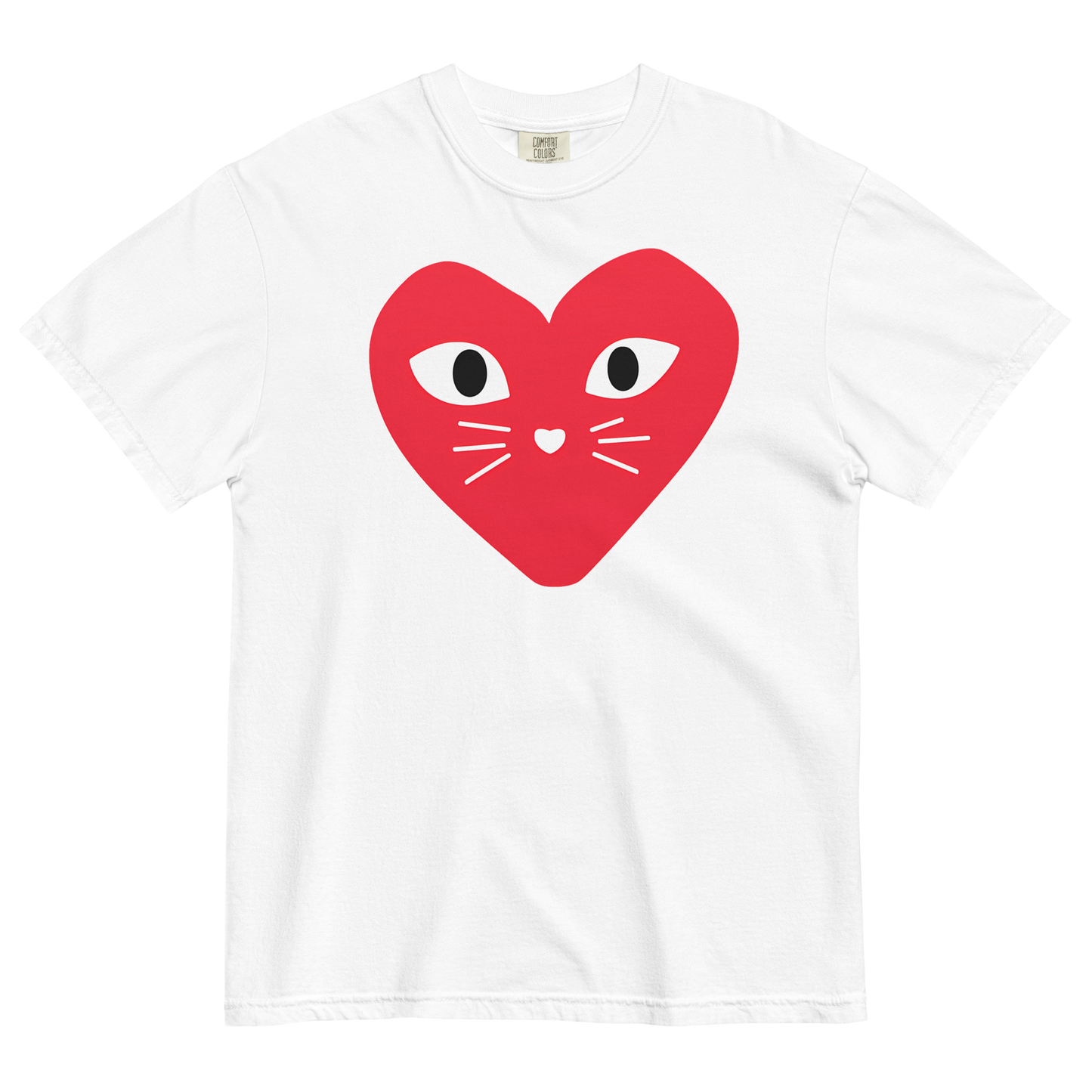 White cotton cat t-shirt with red heart logo featuring kitten whiskers, nose, and eyes, Maison Kitn parody design inspired by Comme des Garçons Play.