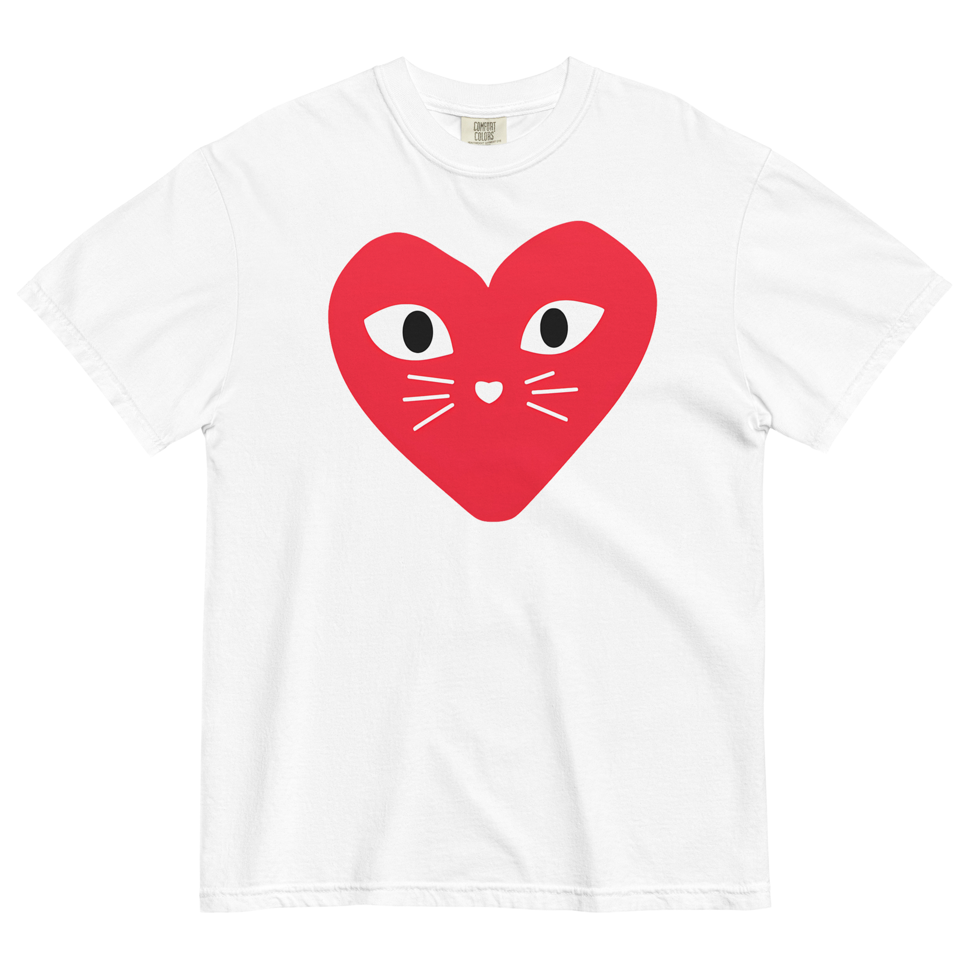 White cotton cat t-shirt with red heart logo featuring kitten whiskers, nose, and eyes, Maison Kitn parody design inspired by Comme des Garçons Play.