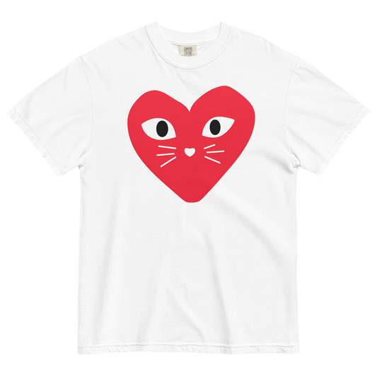 White cotton cat t-shirt with red heart logo featuring kitten whiskers, nose, and eyes, Maison Kitn parody design inspired by Comme des Garçons Play.