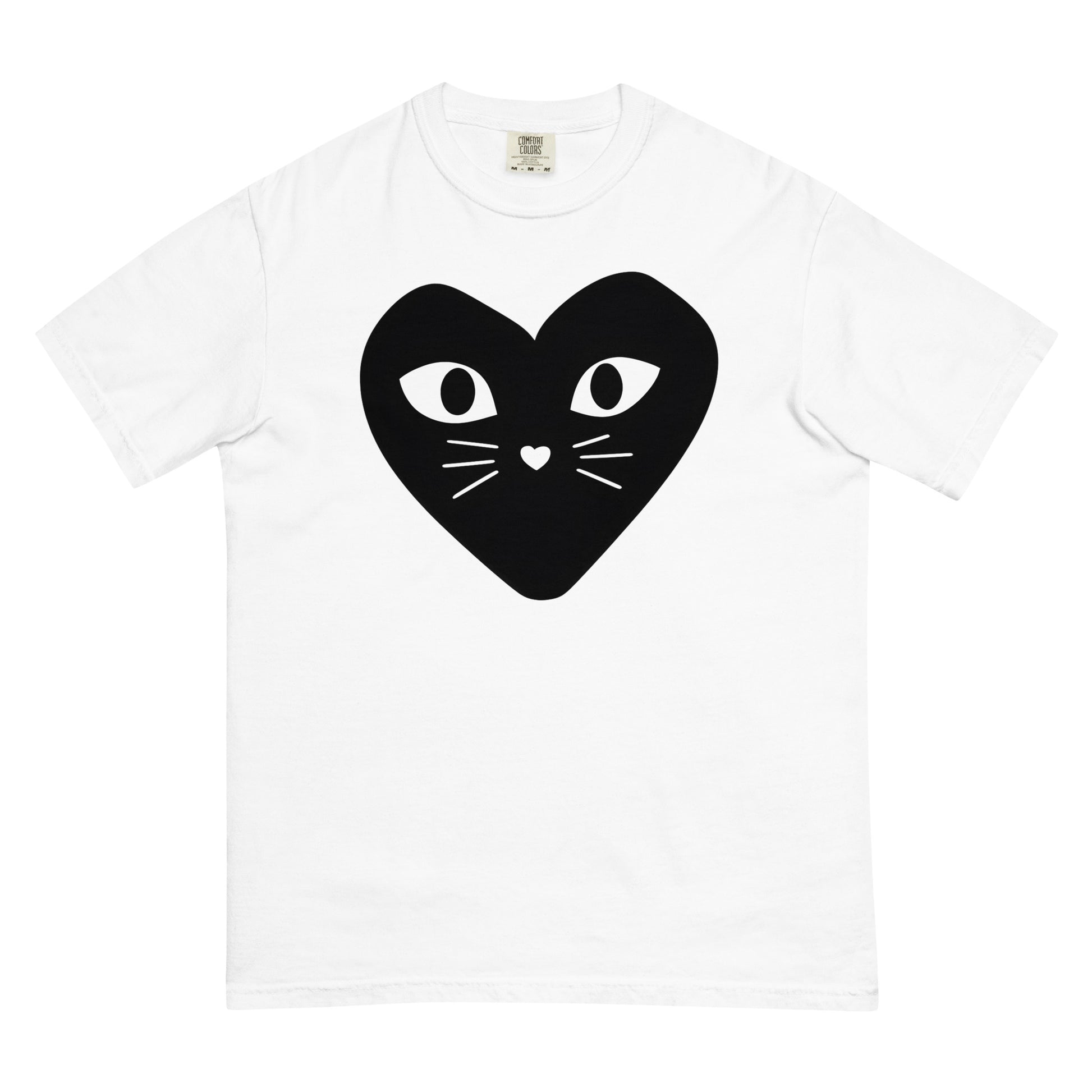 White cotton cat t-shirt with black heart logo featuring kitten whiskers, nose, and eyes, Maison Kitn parody design inspired by Comme des Garçons Play
