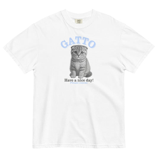 White t-shirt with a gray kitten graphic and text on a white background