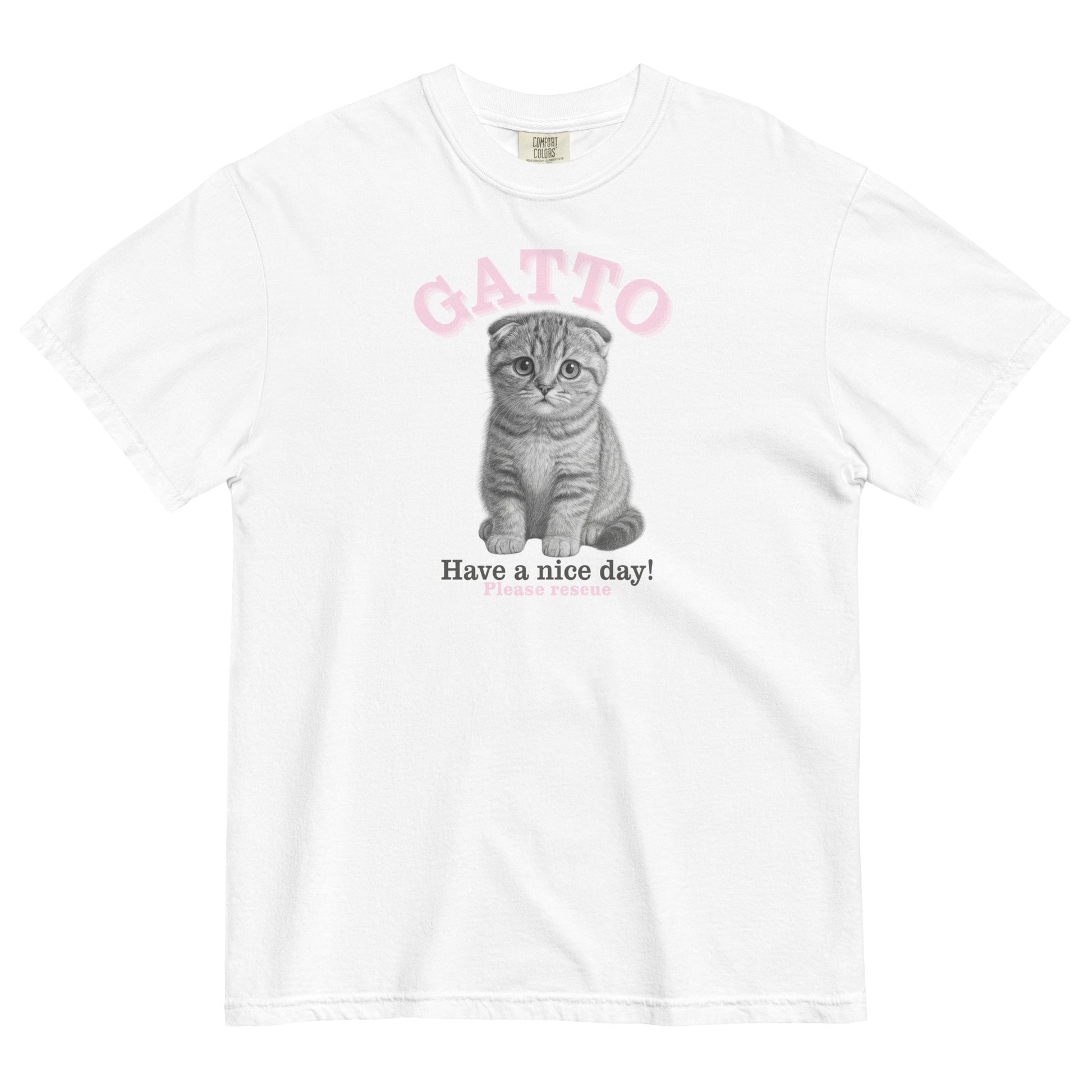White t-shirt with a cat graphic and text on a white background