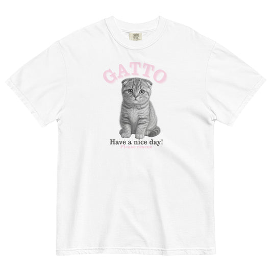 White t-shirt with a cat graphic and text on a white background