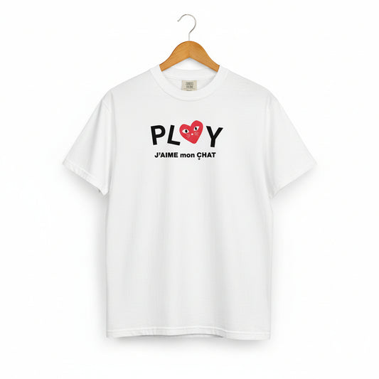 White t-shirt with black text and red heart design on a white background