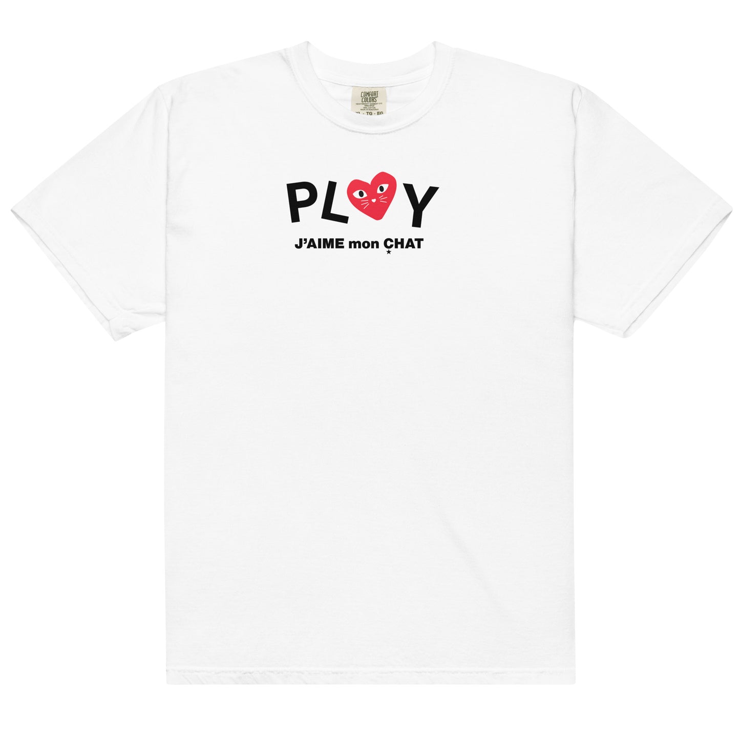 White t-shirt with black text and red heart design on a white background