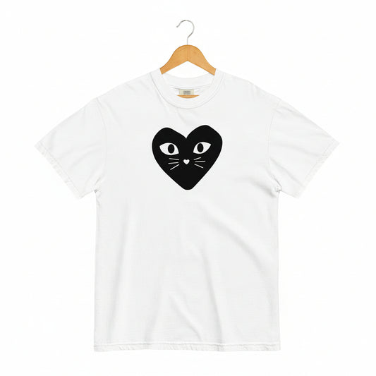 White t-shirt with a black heart-shaped cat design on a white background