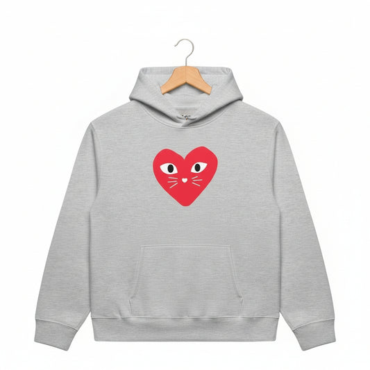 Gray hoodie with a red heart design featuring eyes and a mouth on a white background