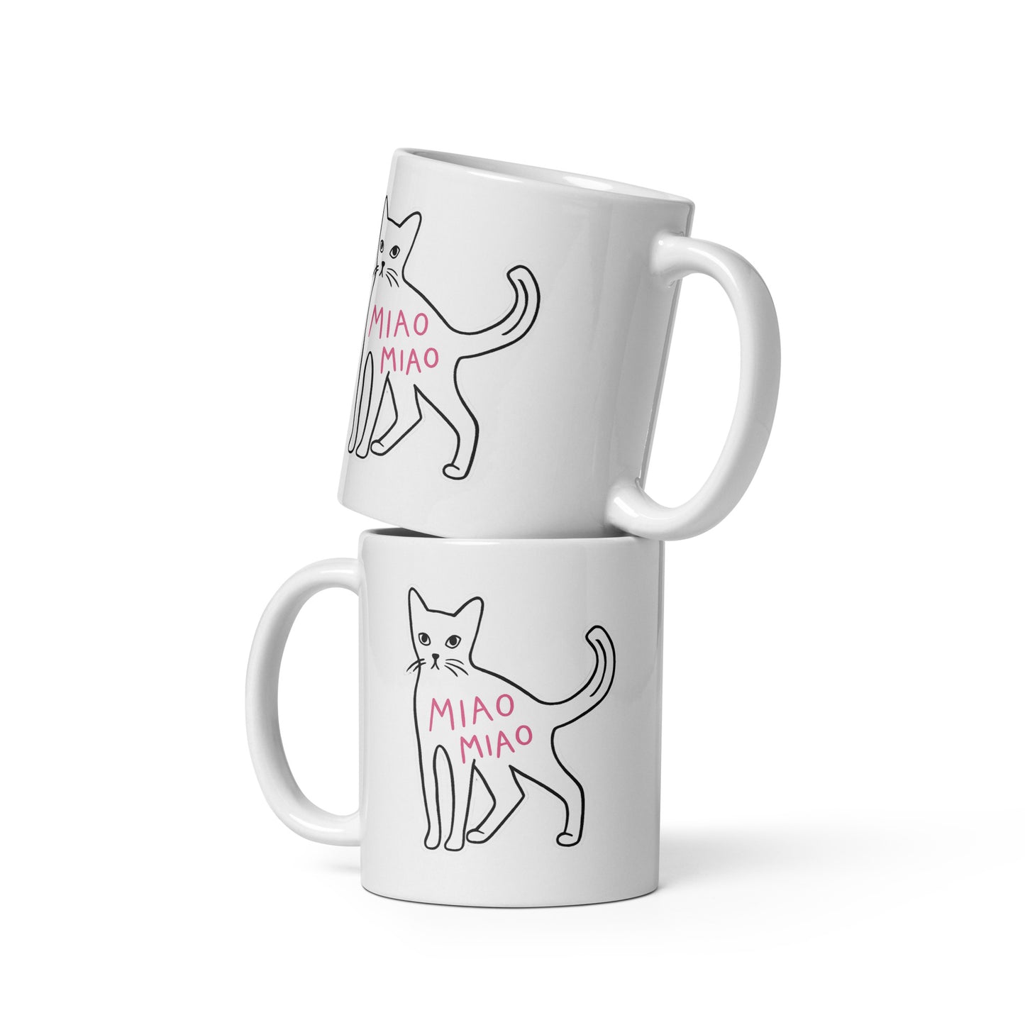 Two white mugs with cat illustrations and 'MIAO MIAO' text on a white background