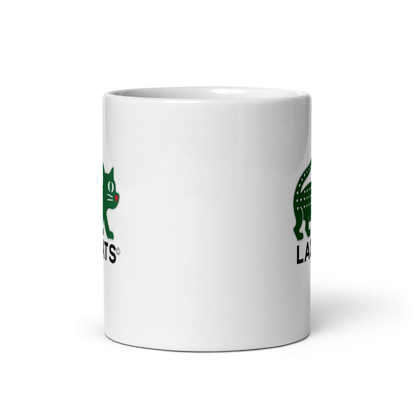 White mug with green cat logo and text on a white background