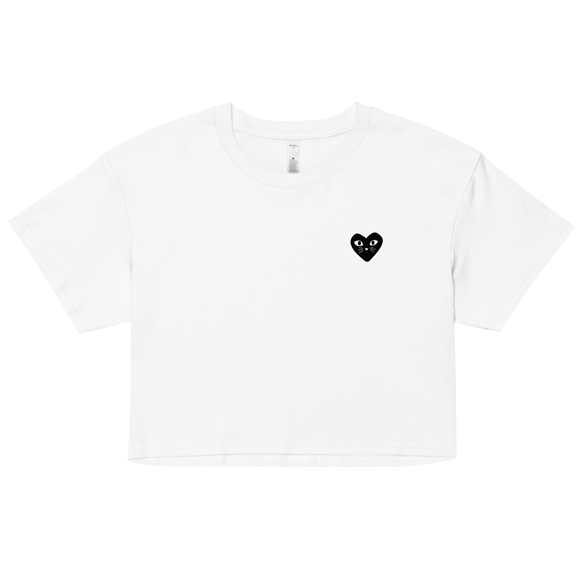 Cropped white cotton cat t-shirt with red heart kitten logo featuring whiskers and eyes, Maison Kitn parody design inspired by Comme des Garçons.