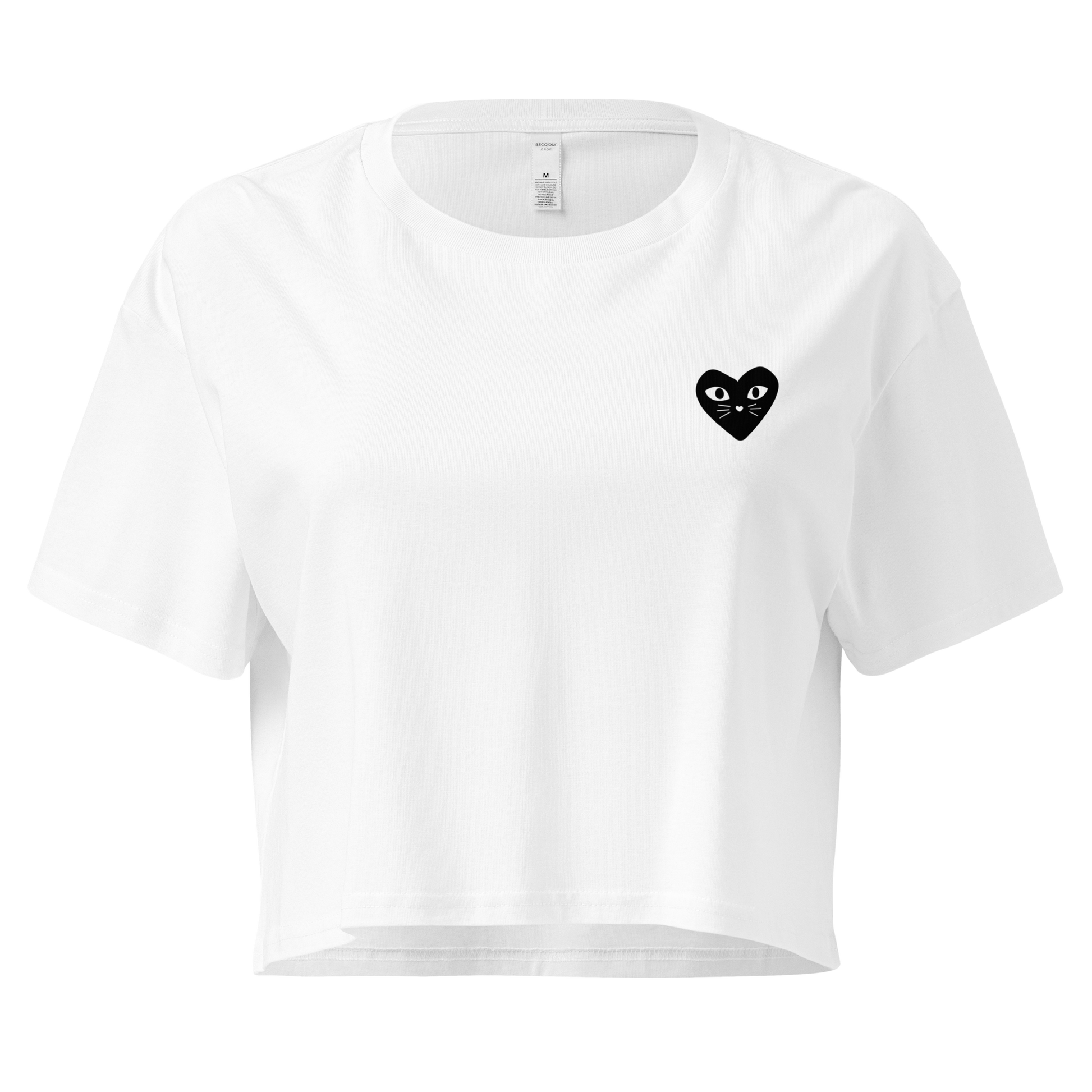 Cropped white cotton cat t-shirt with red heart kitten logo featuring whiskers and eyes, Maison Kitn parody design inspired by Comme des Garçons.