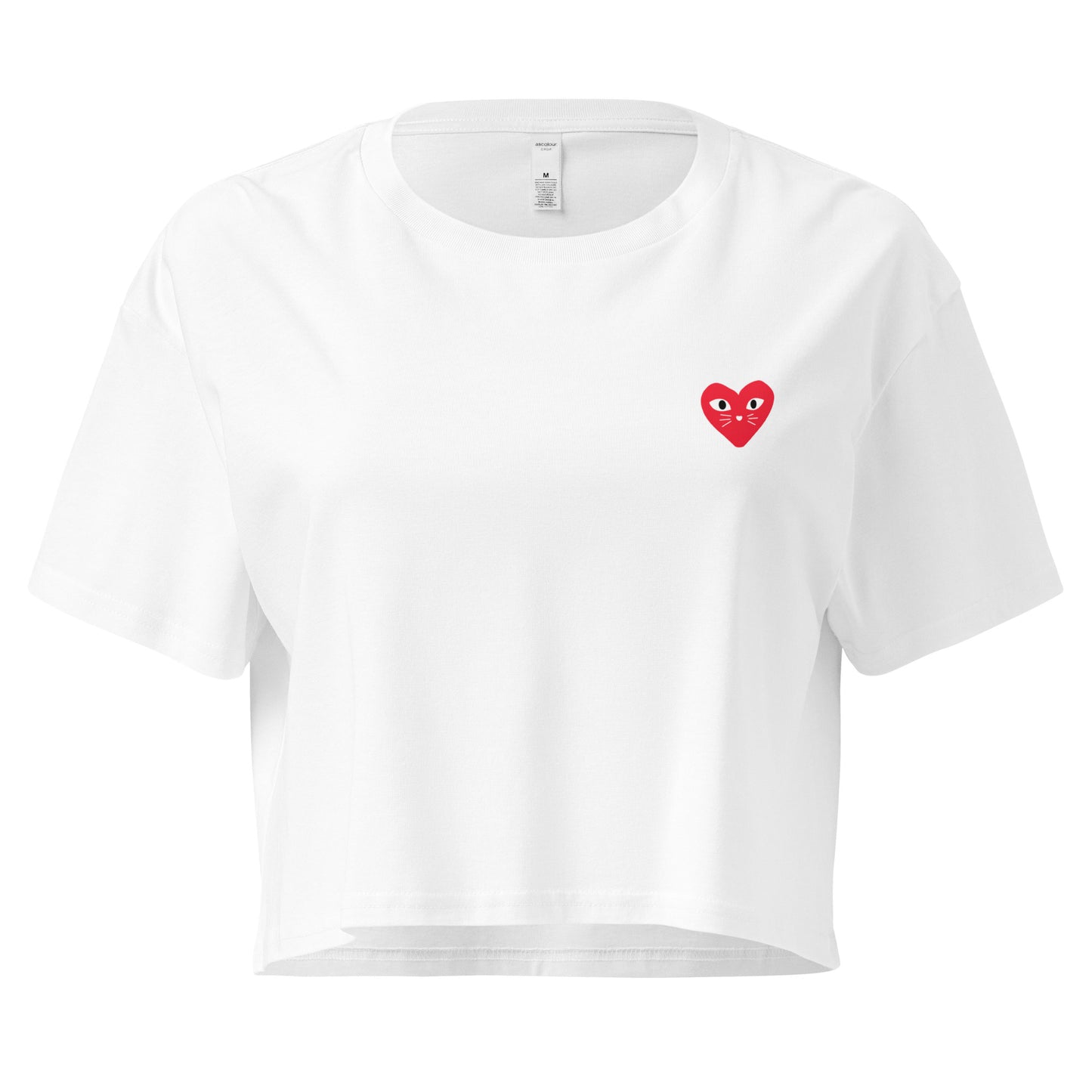 Cropped white cotton cat t-shirt with red heart kitten logo featuring whiskers and eyes, Maison Kitn parody design inspired by Comme des Garçons.