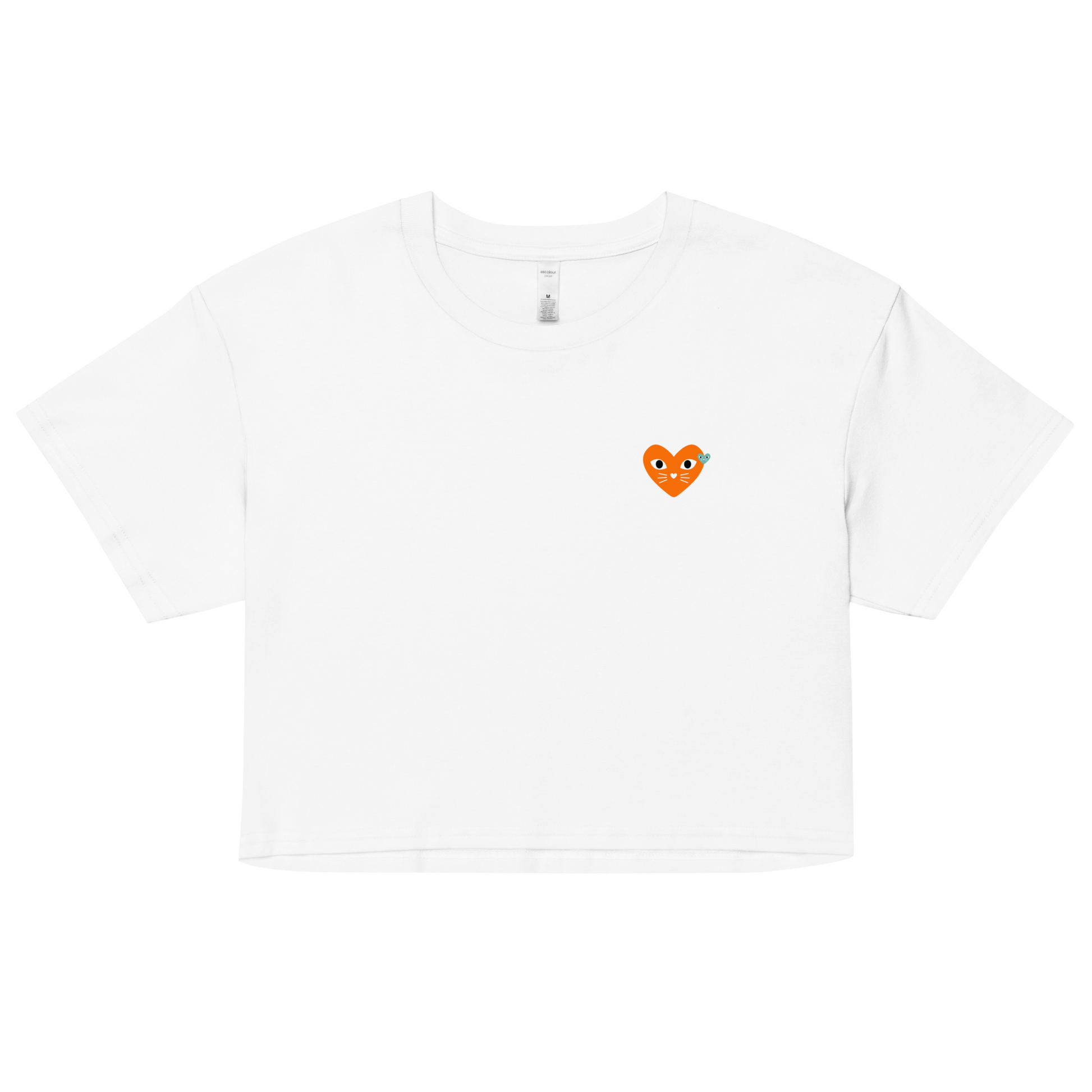 White t-shirt with a small orange logo on a white background