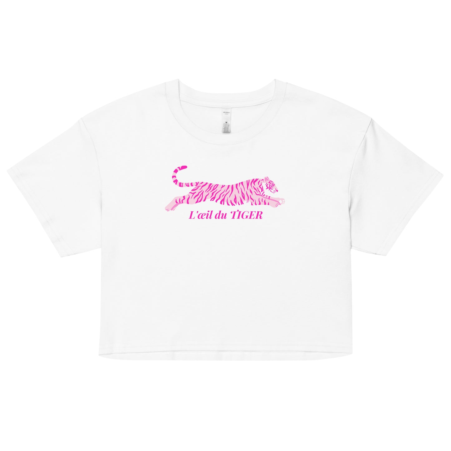 White t-shirt with pink tiger graphic and text on a white background