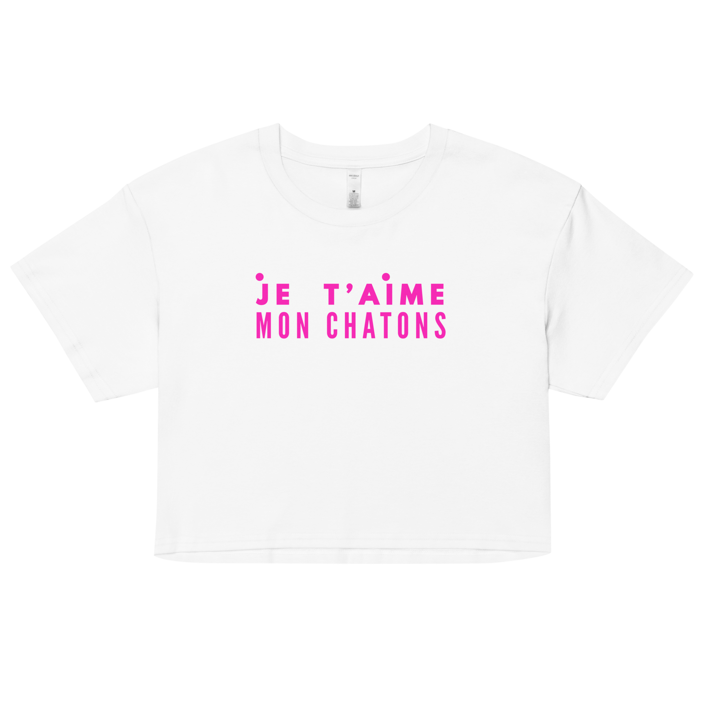 White t-shirt with pink text 'Je t'aime mon chatons' on a white background