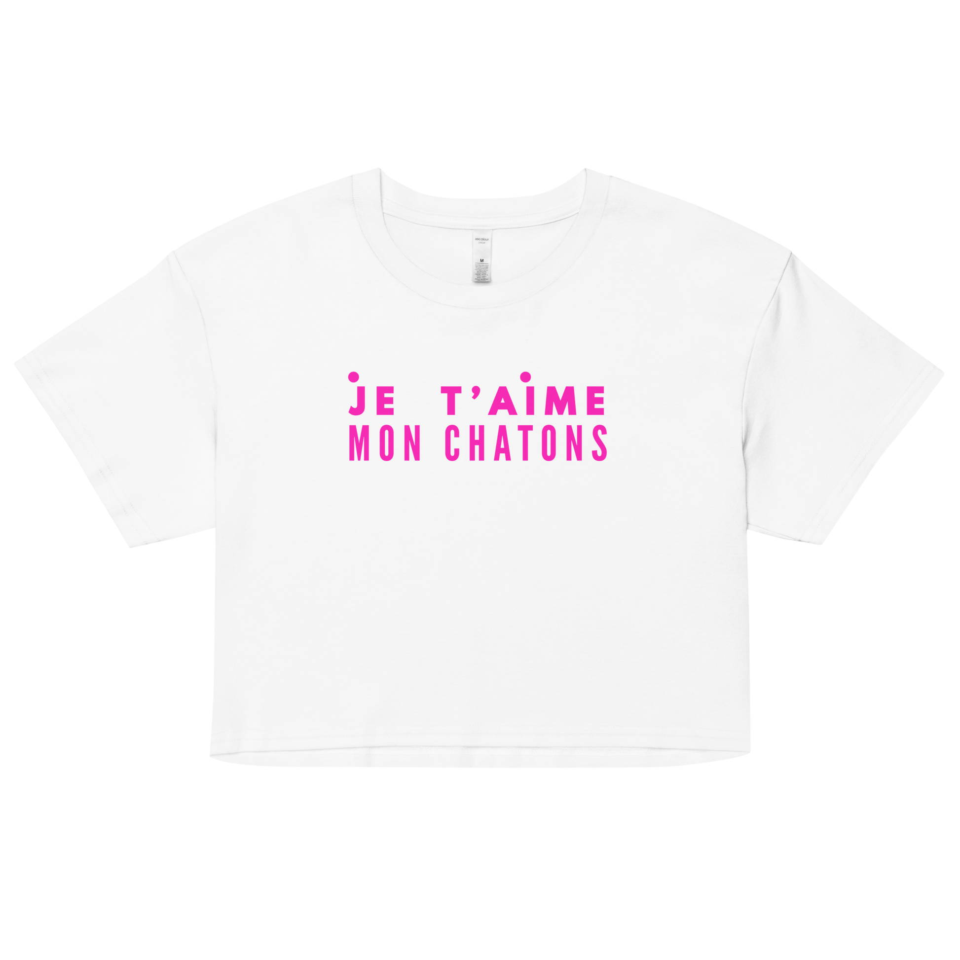 White t-shirt with pink text 'Je t'aime mon chatons' on a white background