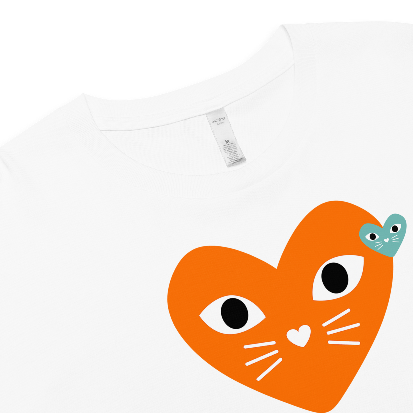 White t-shirt with an orange heart-shaped cat face design on a white background