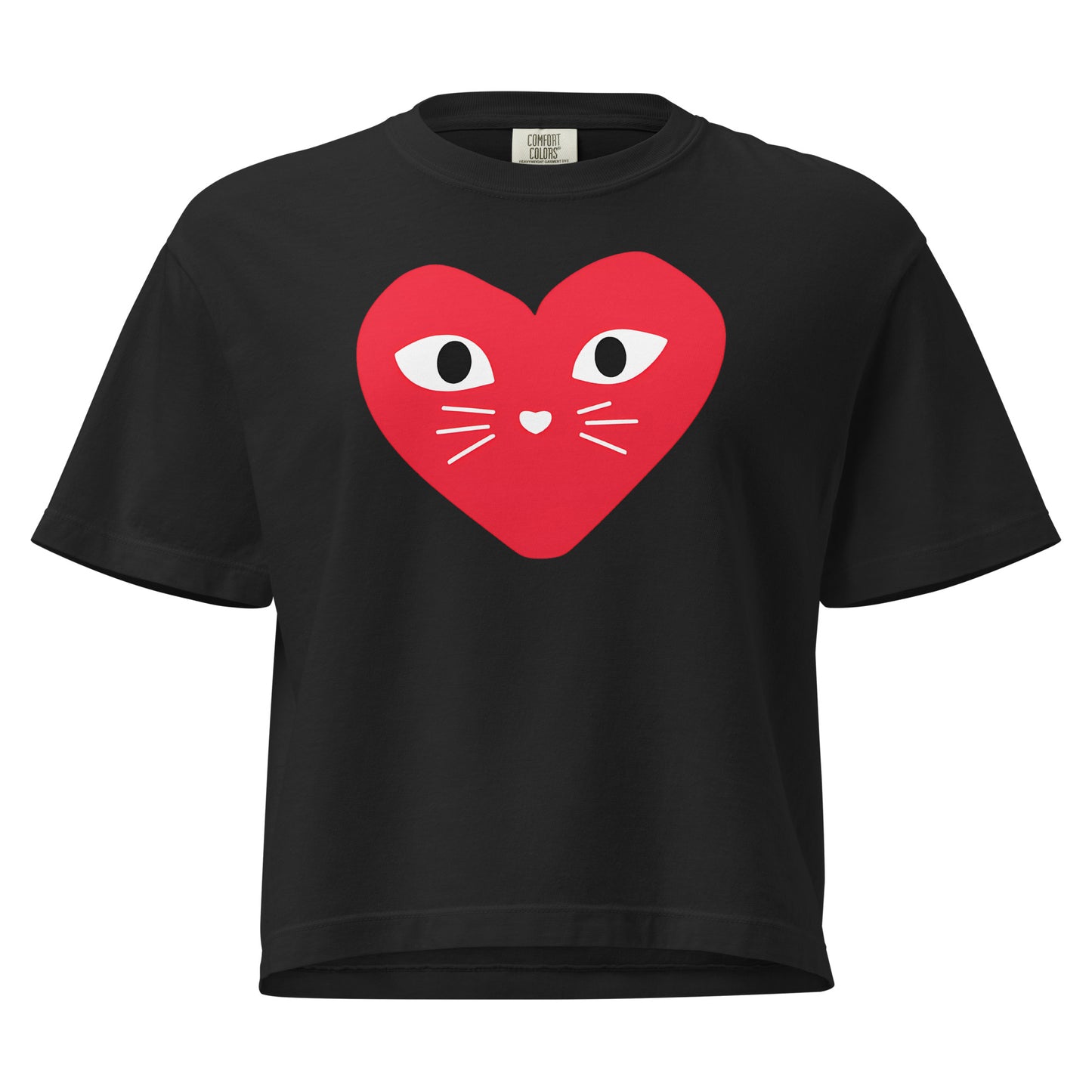 Black t-shirt with a red heart design featuring eyes and a mouth on a white background