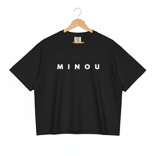 Black Boxy MINOU logo T-shirt in white lettering