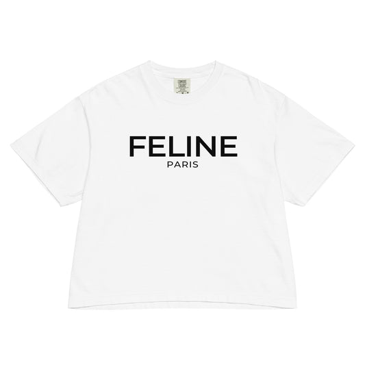 White t-shirt with 'Feline Paris' text on a white background