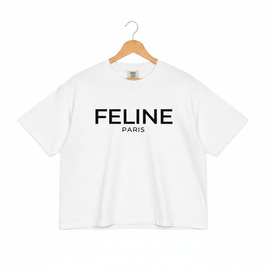 White t-shirt with 'Feline Paris' text on a white background