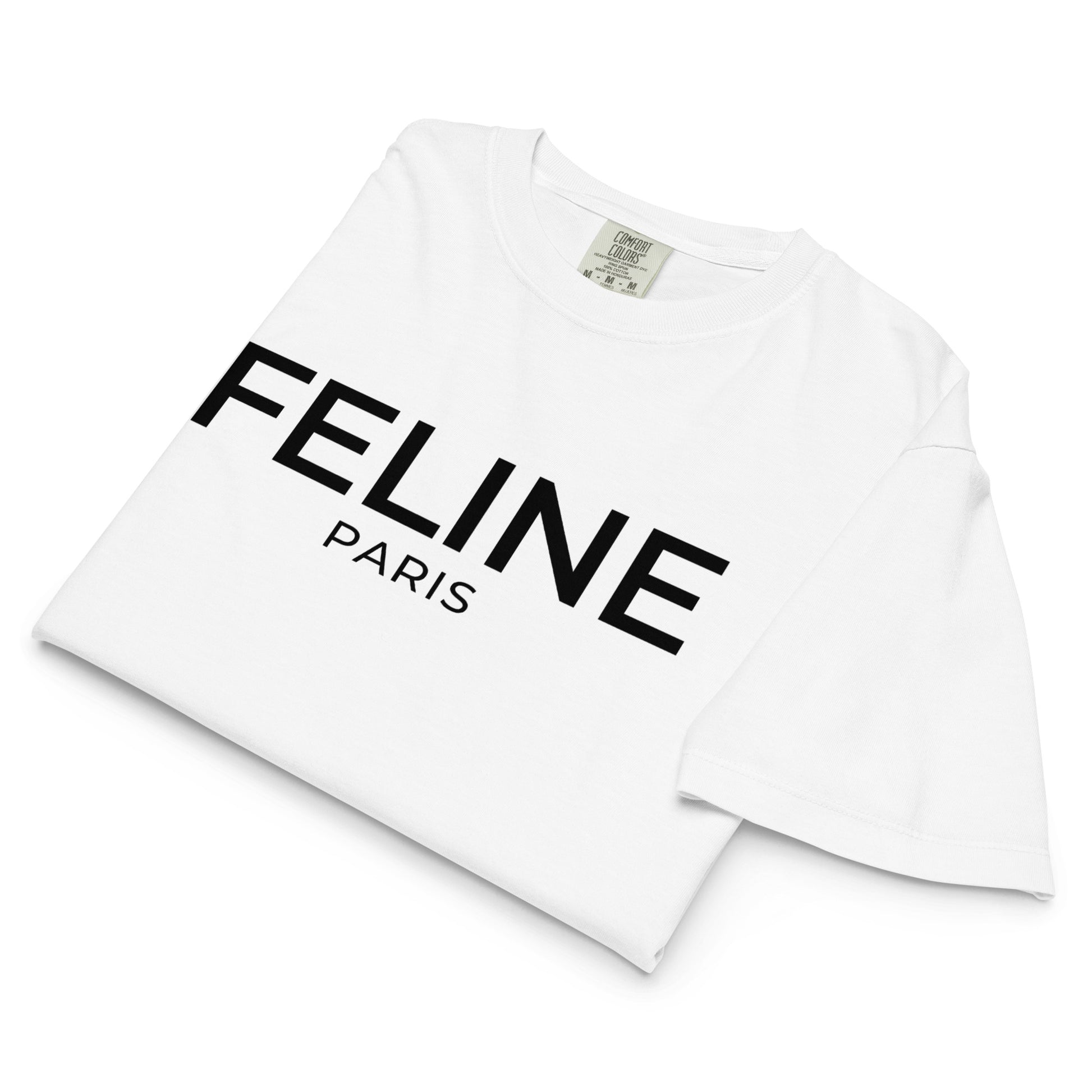 White t-shirt with 'FELINE PARIS' text on a white background