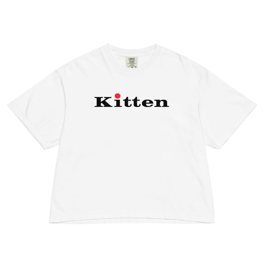 white tee Kitten logo in black and red