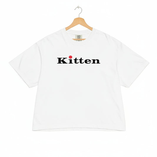 white tee Kitten logo in black and red