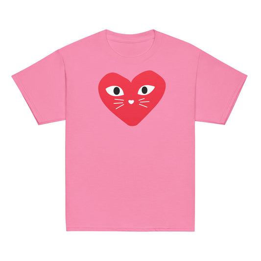 Kids cat t-shirt with red heart kitten logo, available in white, light pink, and bright pink, Maison Kitn design inspired by Comme des Garçons.