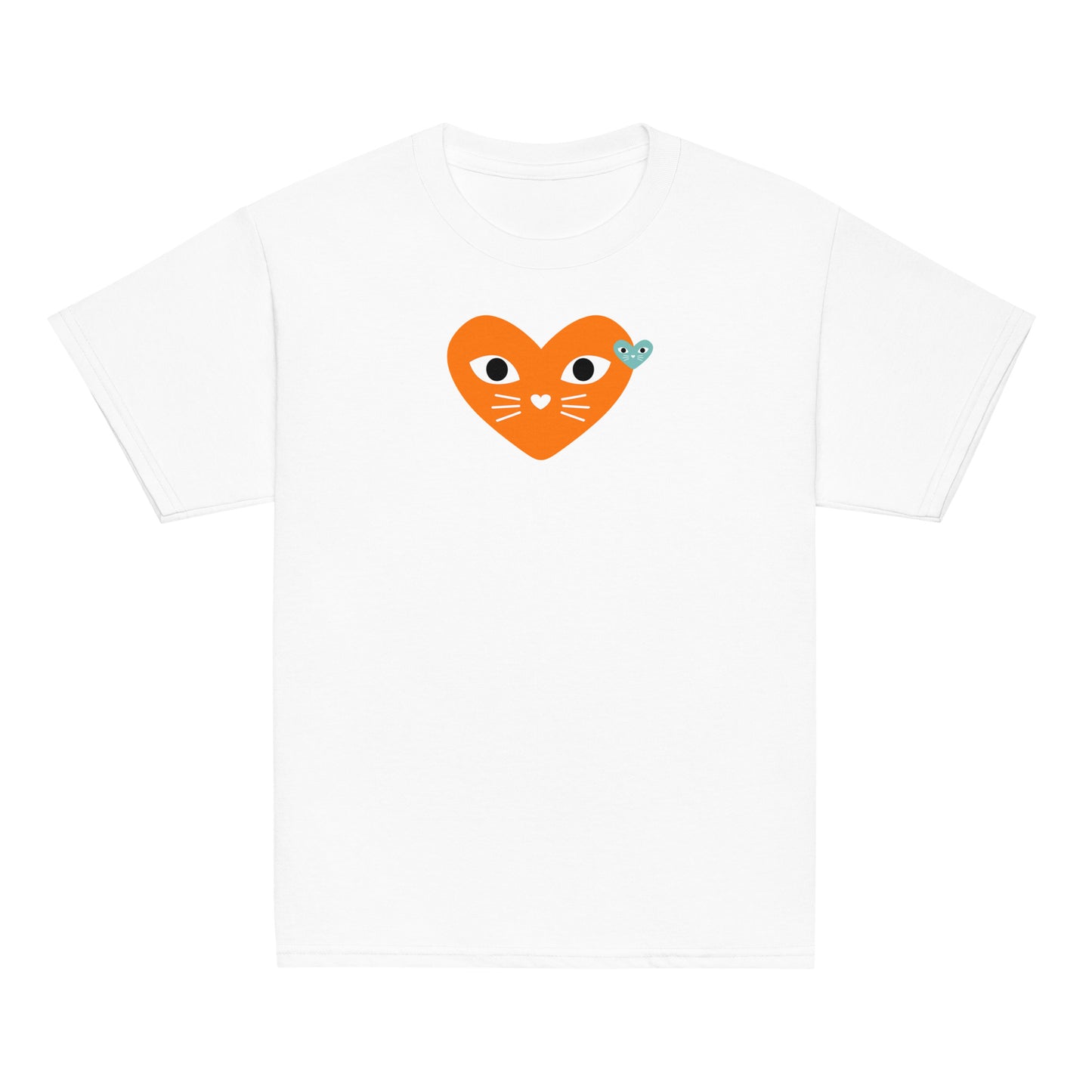 White t-shirt with orange and teal kitten hearts