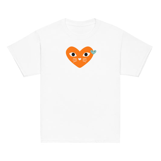 White t-shirt with orange and teal kitten hearts