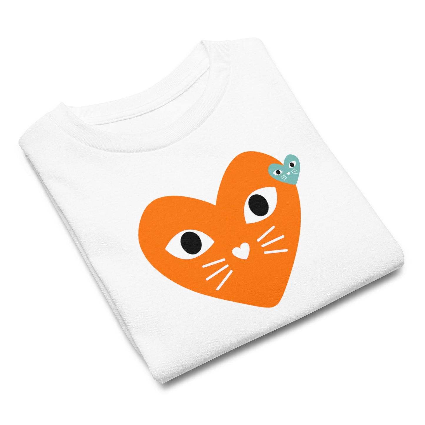 White t-shirt with orange and teal kitten hearts