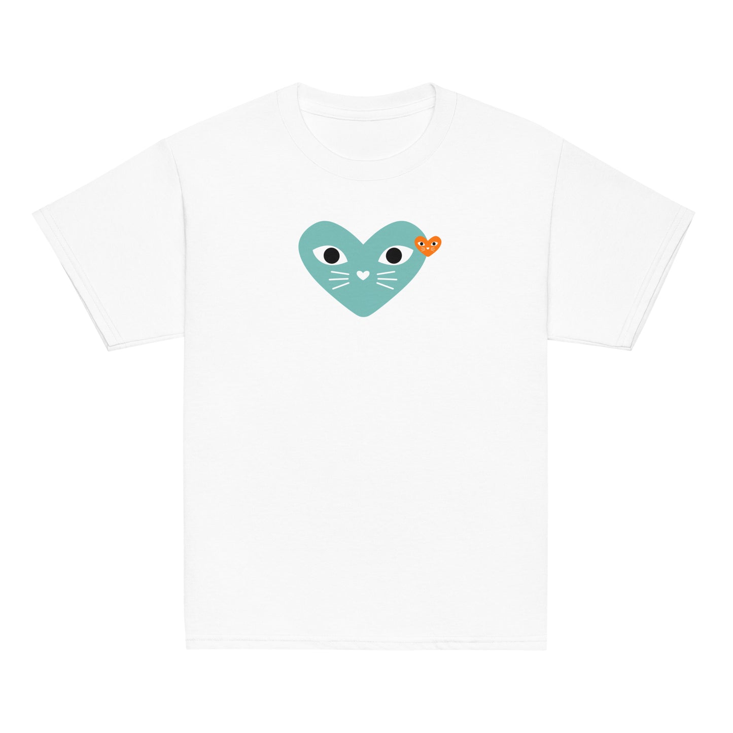 White t-shirt with a teal heart design featuring cat ears and a bow on a white background