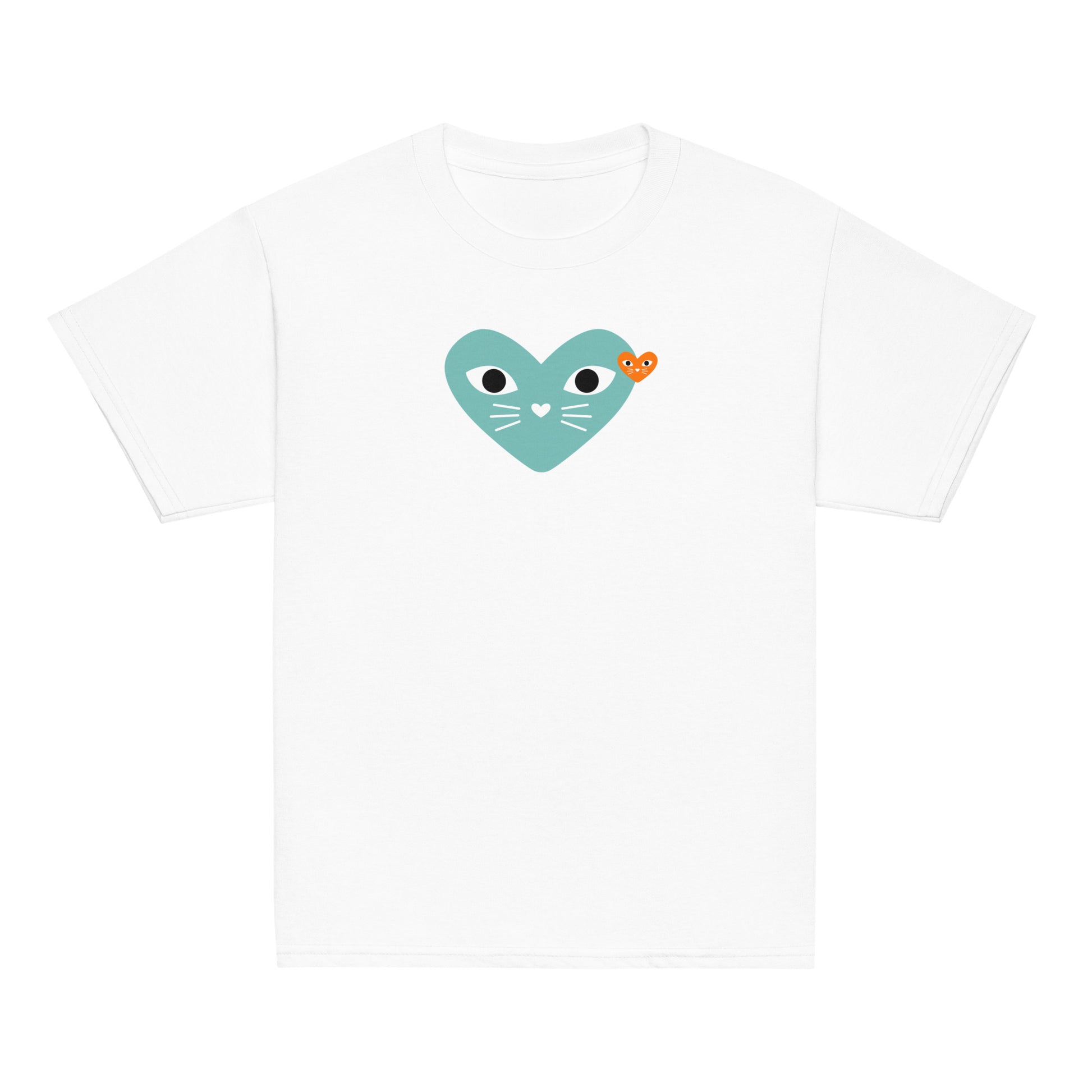 White t-shirt with a teal heart design featuring cat ears and a bow on a white background