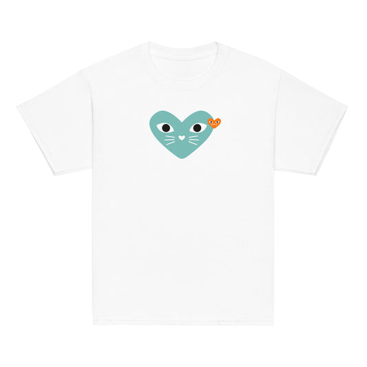 White t-shirt with a teal heart design featuring cat ears and a bow on a white background