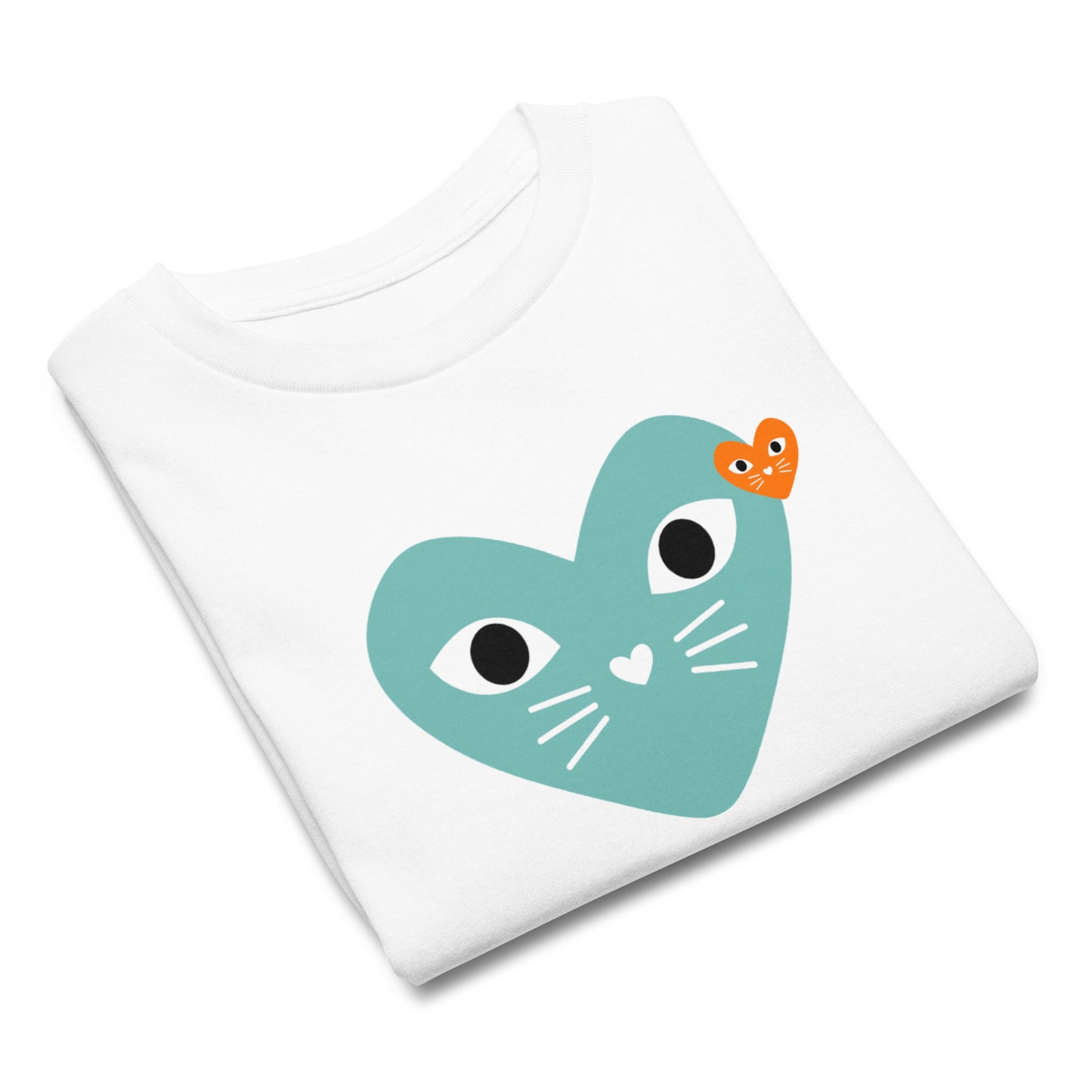 White t-shirt with a teal heart-shaped cat design on a white background