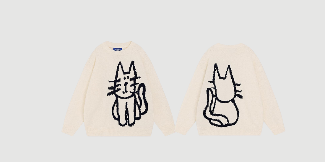 Collection of stylish streetwear sweaters and hoodies featuring cat graphics for cat lovers