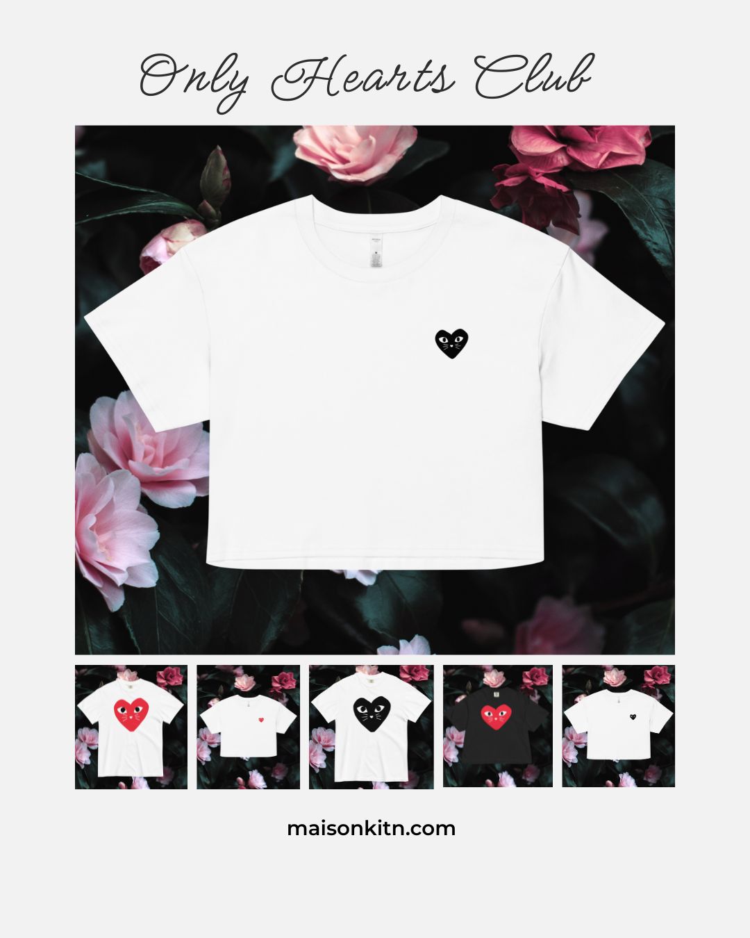 White t-shirt with a black heart design on a floral background, featuring 'Only Hearts Club' branding.