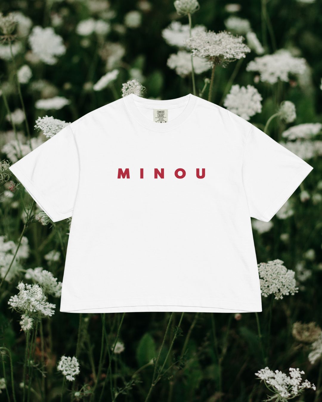 Minou white tee with red lettering