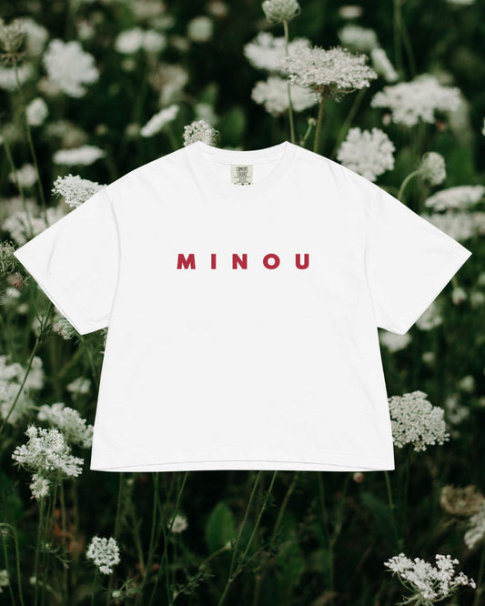Minou white tee with red lettering