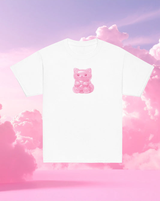 White t-shirt with a pink cartoon character on a pink cloud background