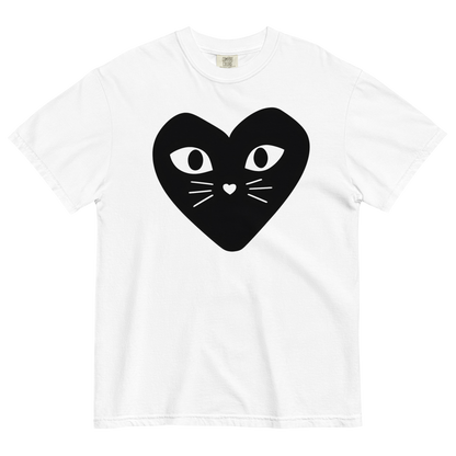 White cotton cat t-shirt with black heart logo featuring kitten whiskers, nose, and eyes, Maison Kitn parody design inspired by Comme des Garçons Play
