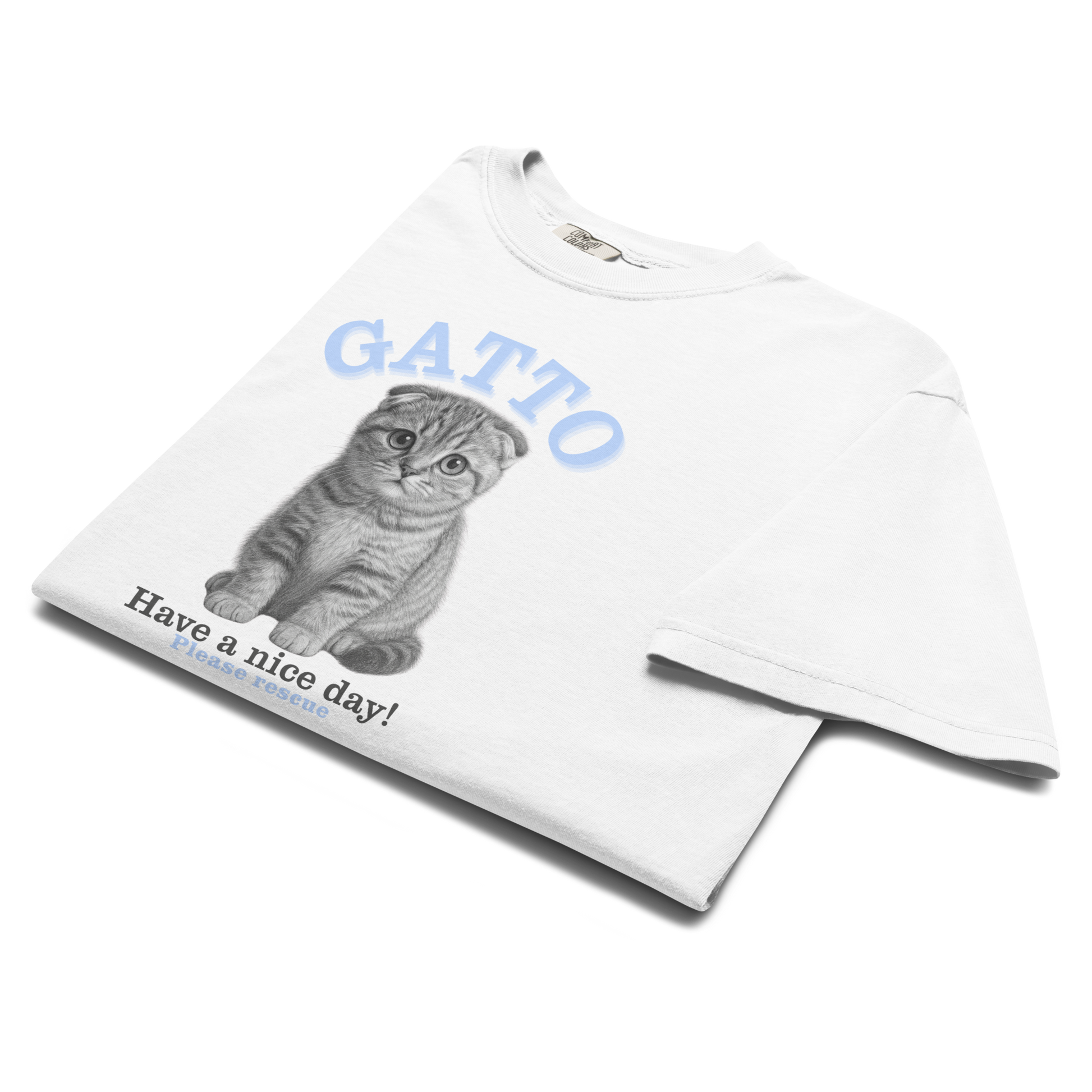 Cat illustration with 'GATTO' text and 'Have a nice day! Please rescue' message on a light blue background