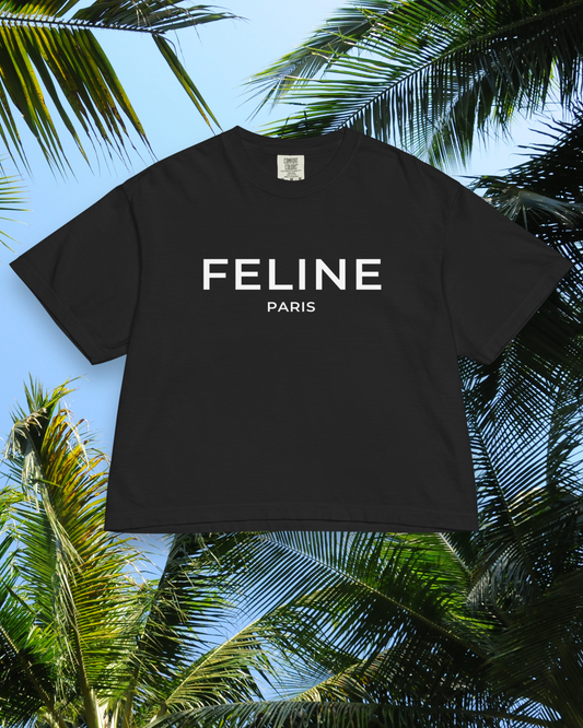 Black t-shirt with 'FELINE PARIS' text on a background of palm trees