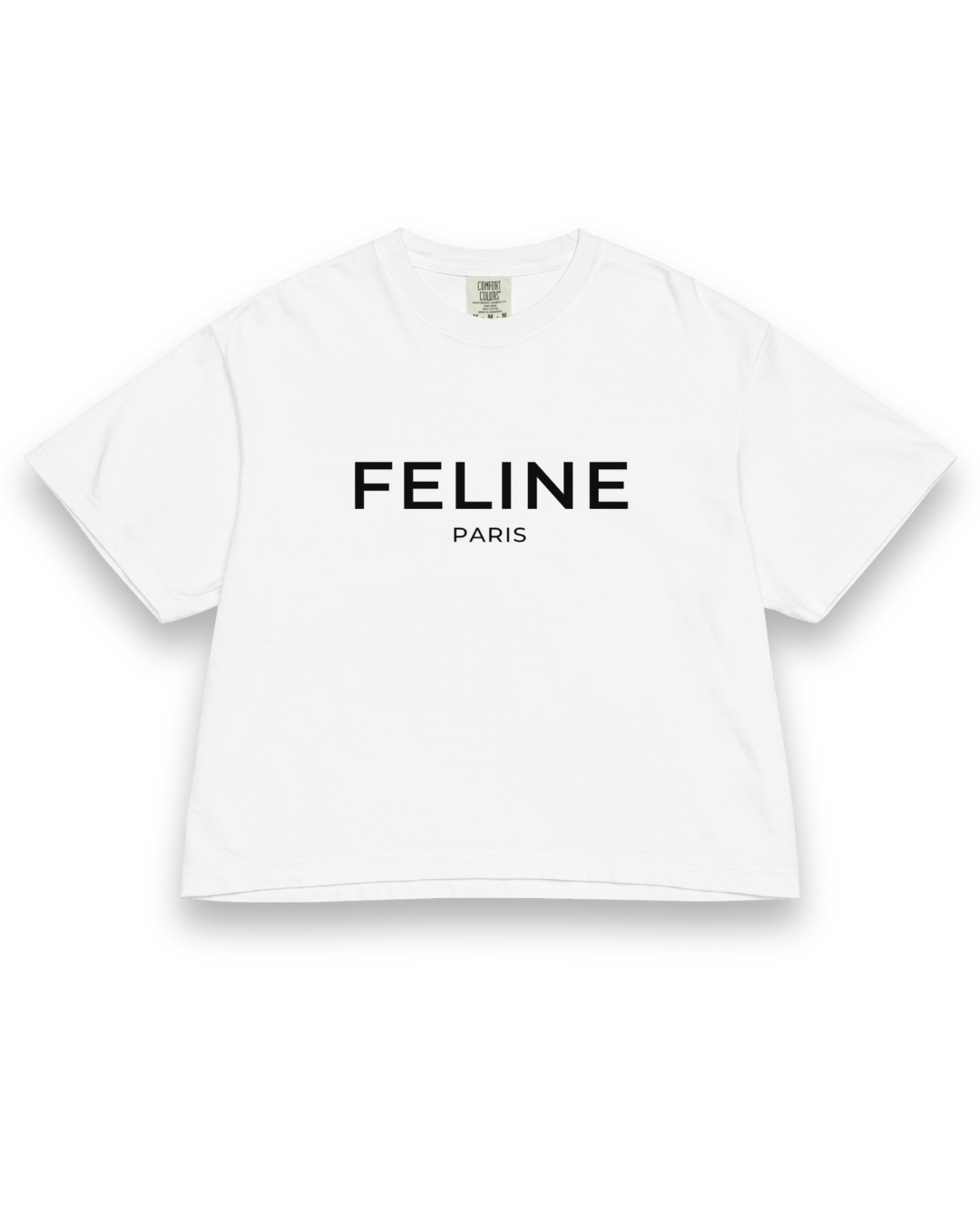 White t-shirt with 'FELINE PARIS' text on a white background