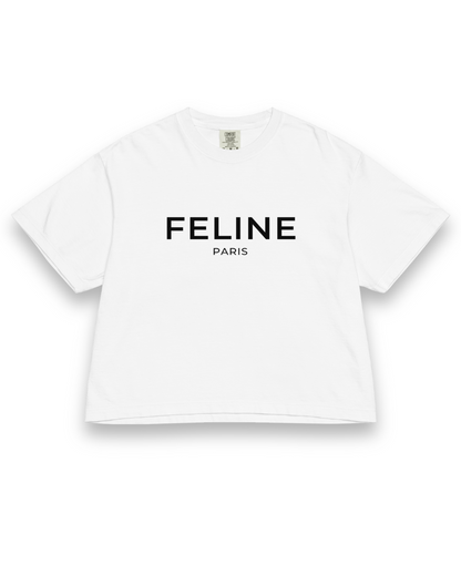 White t-shirt with 'FELINE PARIS' text on a white background