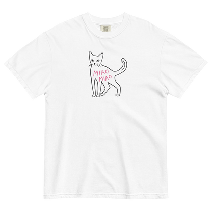 White cotton cat t-shirt with hand-drawn black cat graphic and pink “MIAO MIAO” lettering, Maison Kitn parody design inspired by Miu Miu.