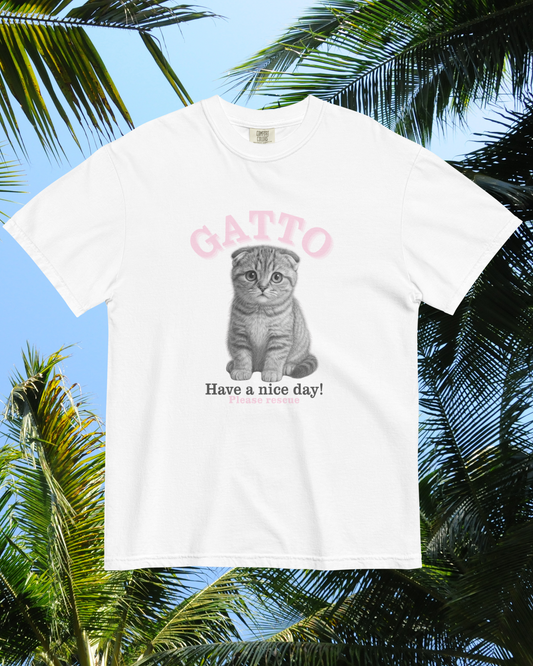 White cotton cat t-shirt with “GATTO” text in light pink lettering and kitten graphic, Maison Kitn parody design inspired by GANNI.