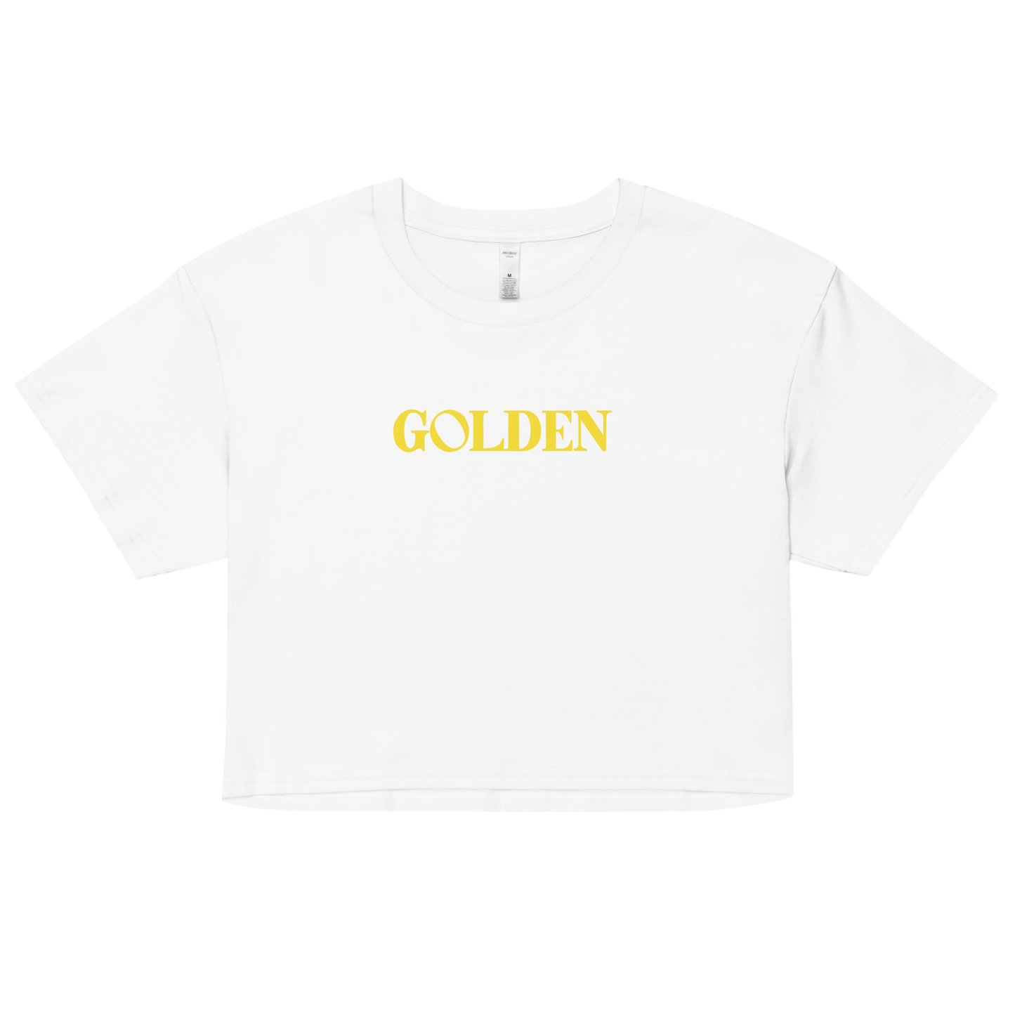 White t-shirt with 'GOLDEN' printed in yellow on a white background