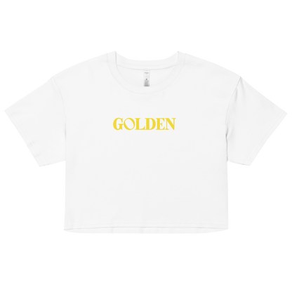 White t-shirt with 'GOLDEN' printed in yellow on a white background